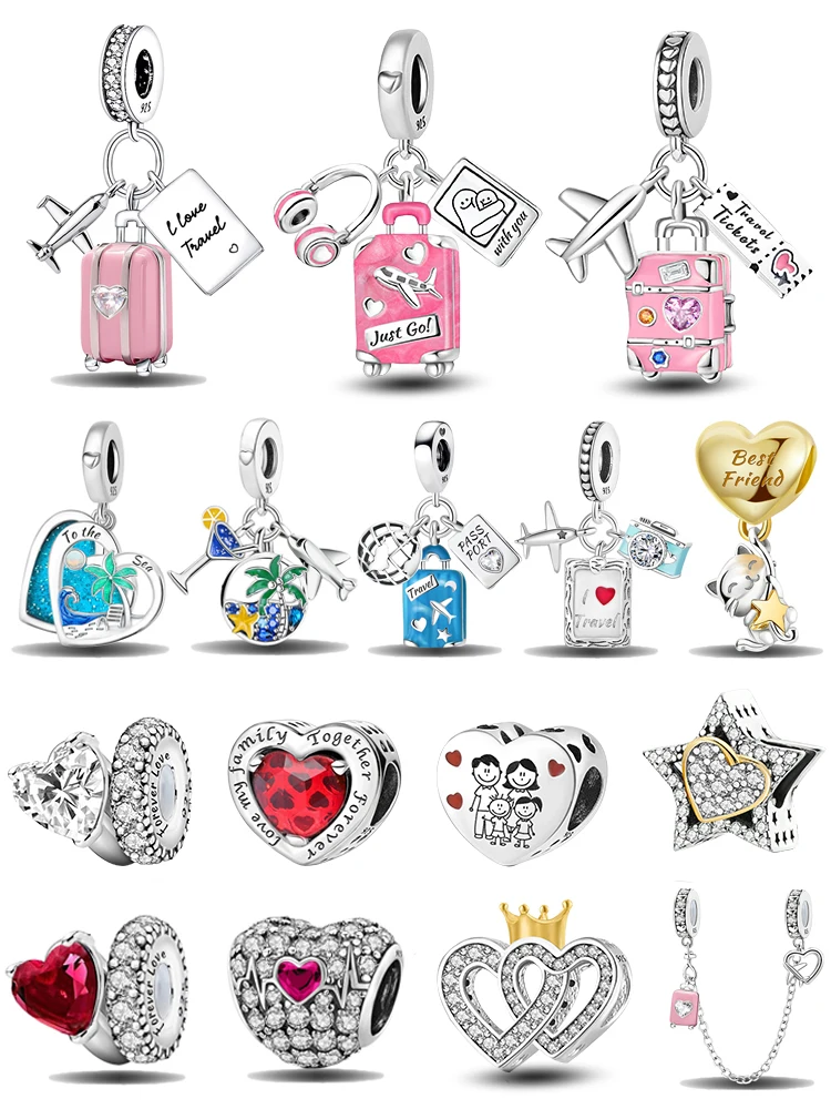 Pingentes de Prata 925 Originais para Pulseiras, com Formatos de Coração, Flor, Trevo de Quatro Folhas e Tartaruga, para Joias DIY e Presentes de Aniversário