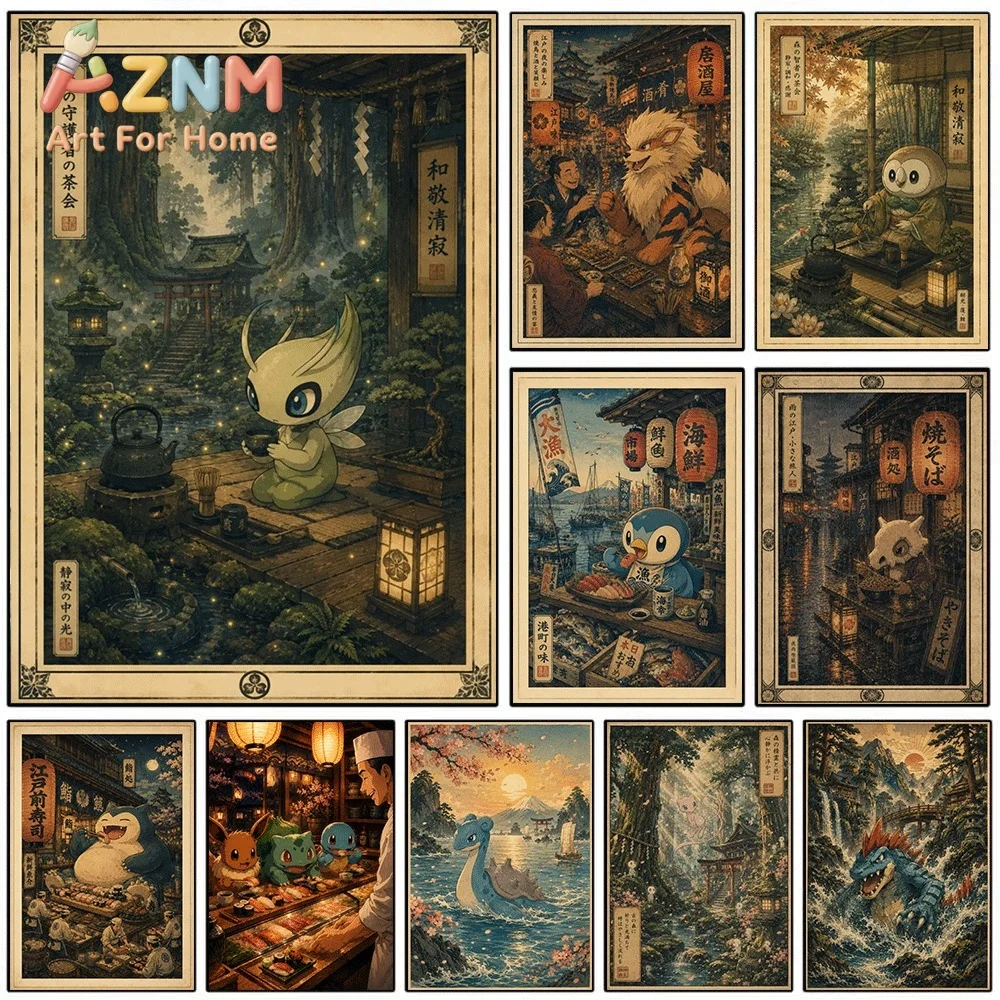 Japanese Ukiyo-e Style Pokemon Canvas Wall Art No Frame Vintage Anime Character Print Poster for Living Room Bedroom Home Wall