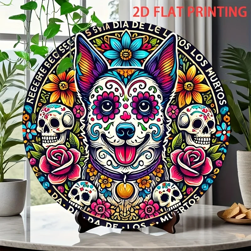 قطعة واحدة مسطحة ثنائية الأبعاد من علامة خشبية دائرية فنية للاحتفال بعيد الكلب الميت - مثالية لتزيين يوم الموتى