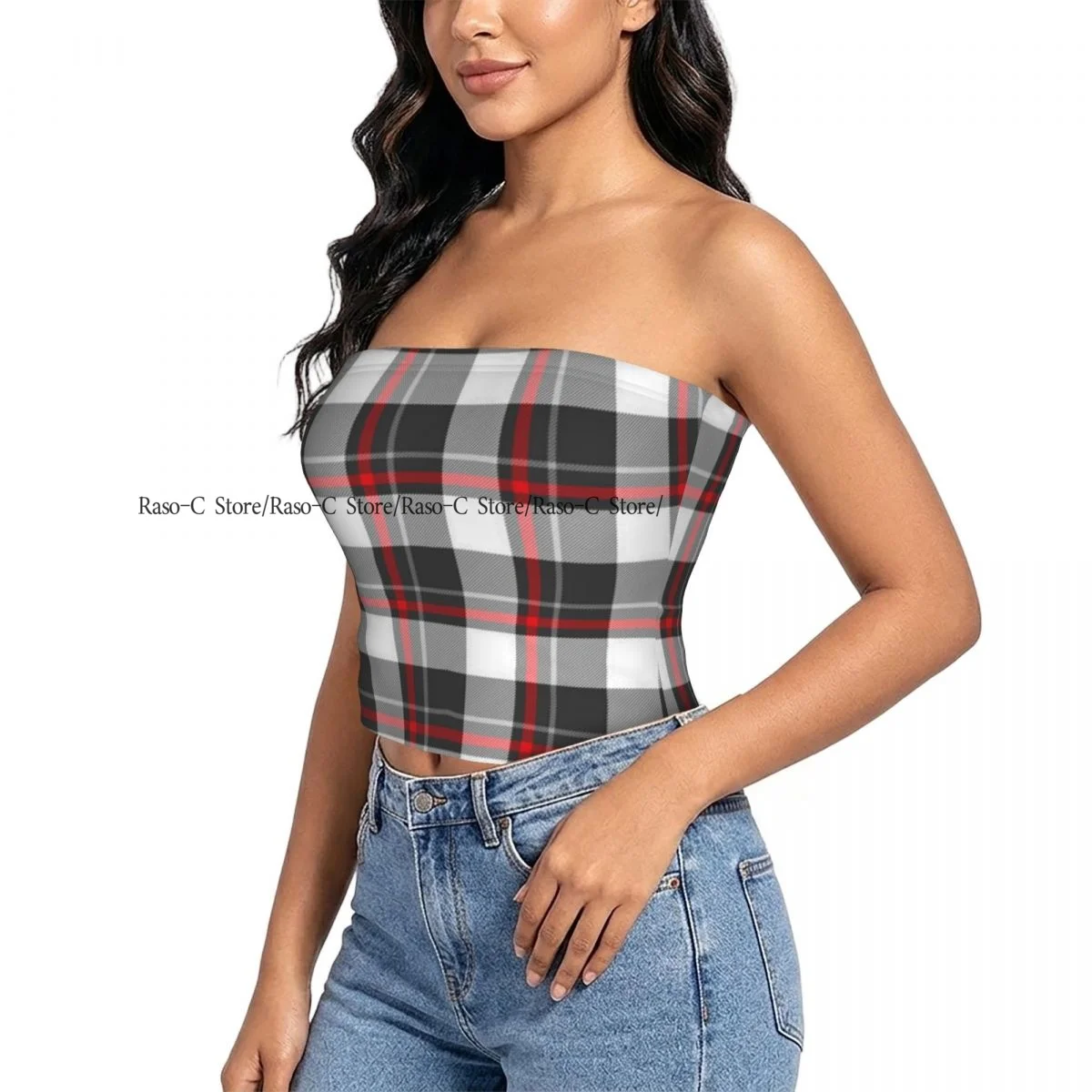 Women strapless blouses sleeveless Scottish Plaid Checkered Pattern halter-neck sexy short-sleeved blouses
