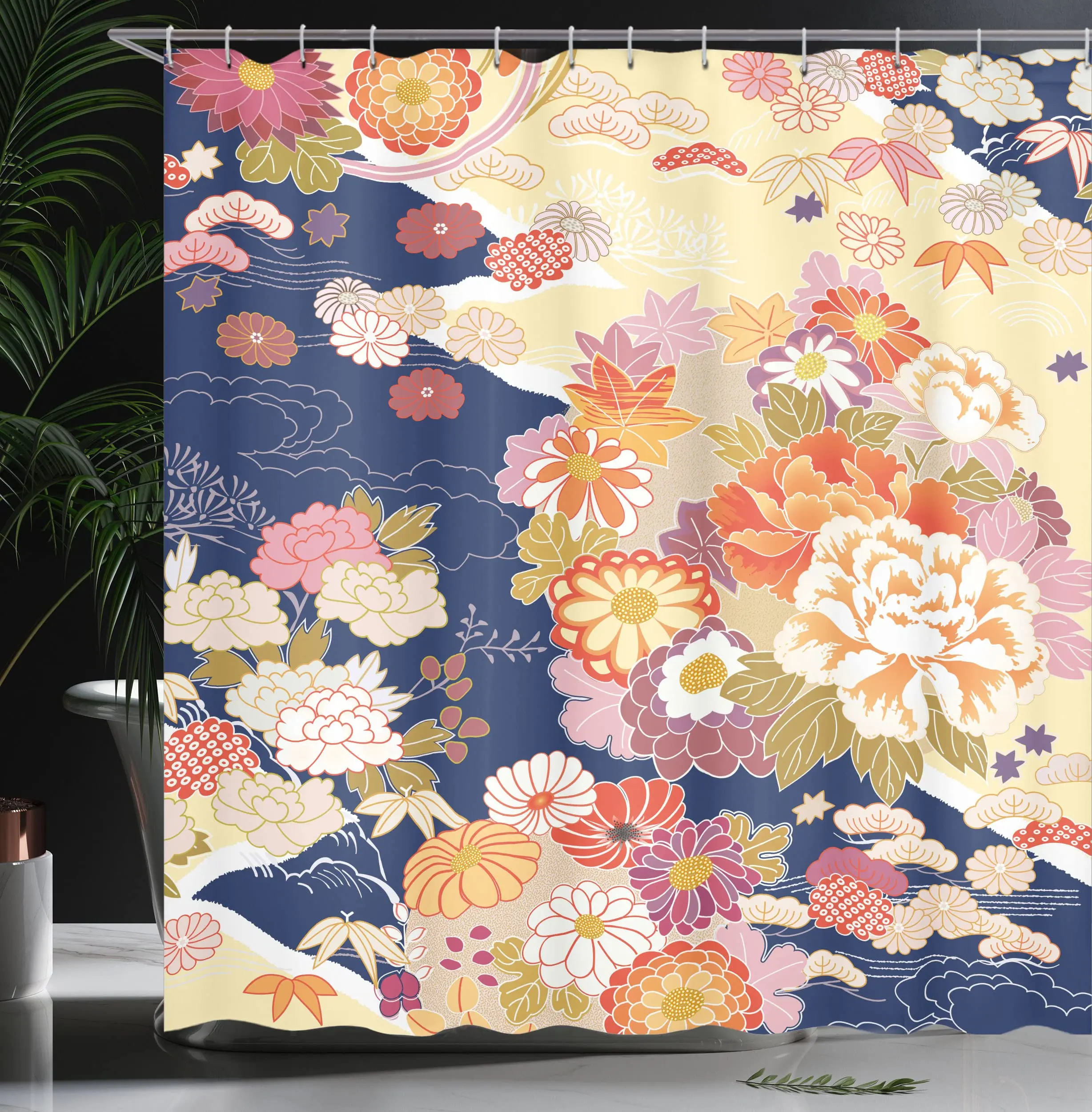 Japanese Traditional Shower Curtain, Kimono Motifs Composition Floral Patterns Vintage Art Bathroom Decor Curtain with Hooks