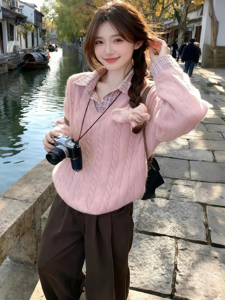 

Korean Sle Twist Pink Fake Two-Piece Sweater Women's Autumn Winter New irt Splicing Inner Knitted Top Soft Loose Fit