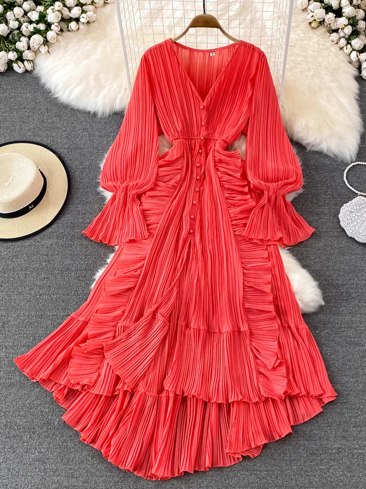 Holiday Style Ankle Length Long Dresses Women 2022 Spring New V Neck Puff Sleeve Lace Elegant Evening Party Summer Dress