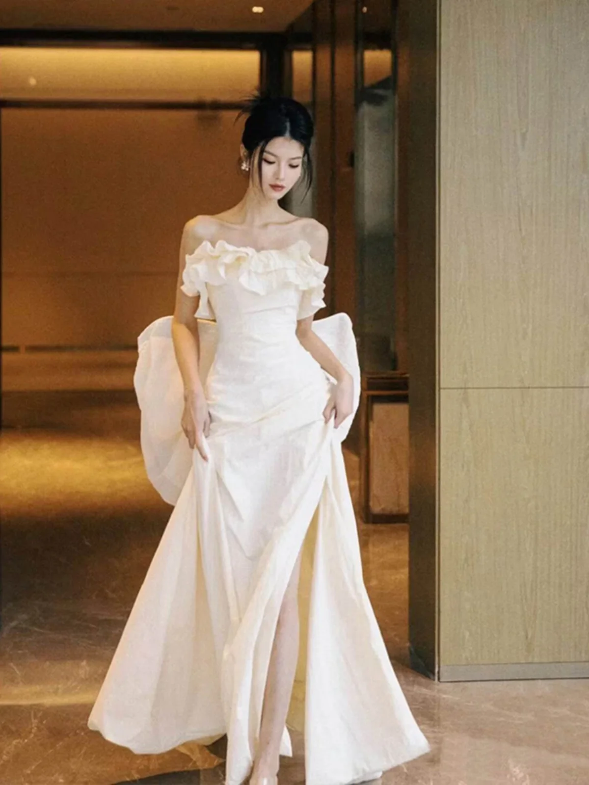 

Romantic Angel Wedding Dr Faionable Tailored Bridal Gown Soft Satin Fabric Korean Sle No Sve oulder Cover
