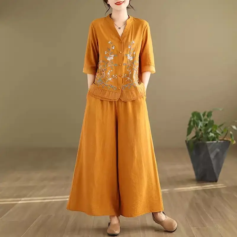 2024 Retro Ramie Standing Neck Embroidered Top + Wide Leg Pants Two Piece Set Simple And Casual Versatile Outfit For Women K164