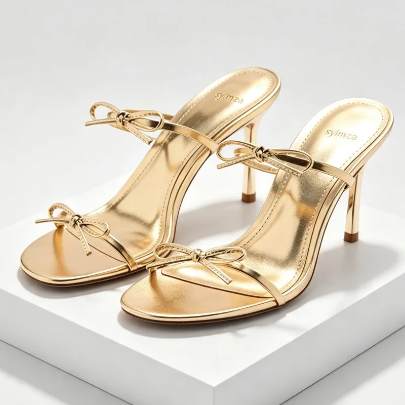 High Quality Butterfly Knot Detail Mules Sandals Women Fashion Pointed Toe Narrow Band High Heels Summer Sexy Open-toe Shoes