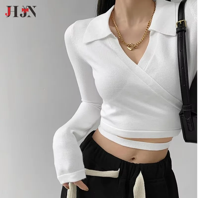 Spring and Autumn 2024 New Style Spice Girls Design v-neck knitwear Crossover Tie Waist Bottom Shirts