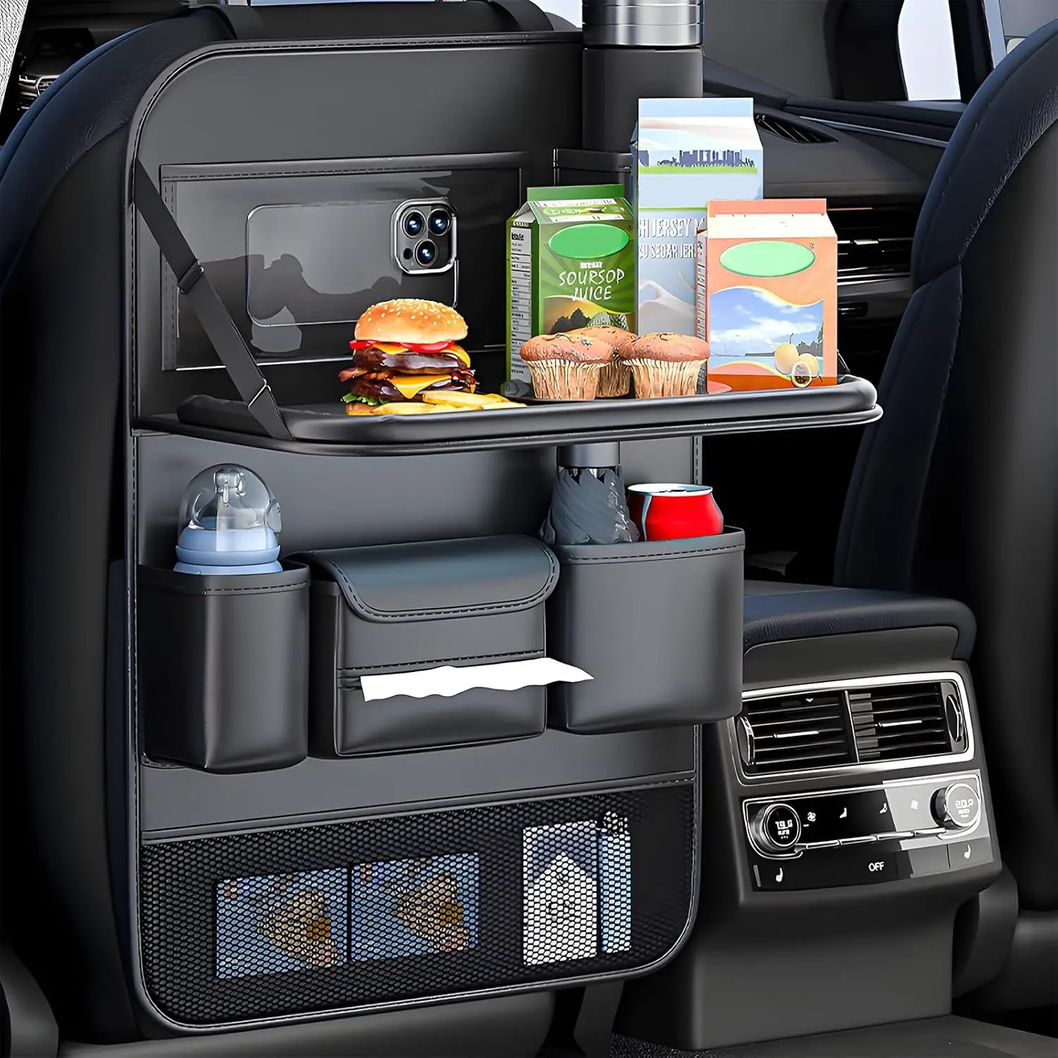 

Car Seat Backseat Organizer with Tablet Holder Storage Pockets Foldable Food Tray and PU Material-Luxury Travel Accessories