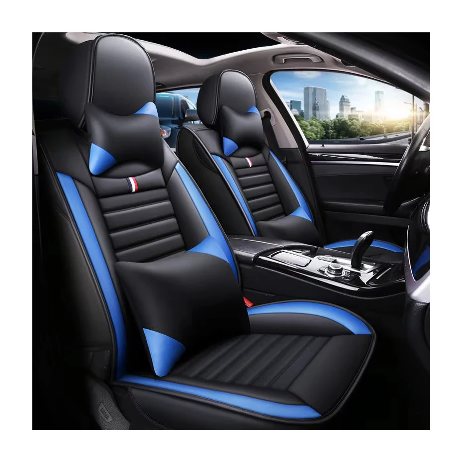 

5-Seater Full Set Sporty Style Black Blue Leather Car Seat Cover Waterproof Interior Accessory