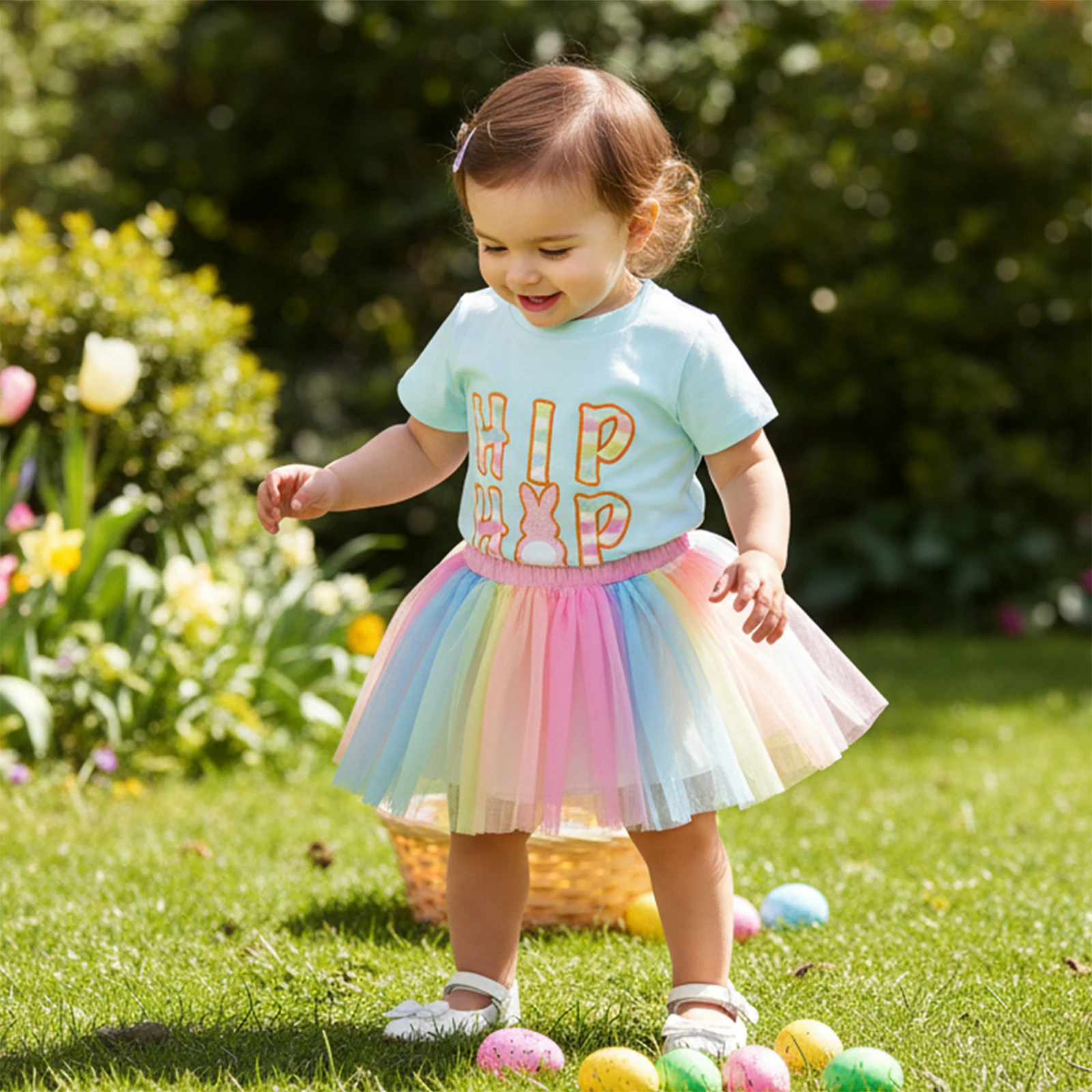Комплект для девочки 1-4 лет: футболка с коротким рукавом, вышивка зайчиков и надписей, тюлевая юбка-пачка, костюм на Пасху