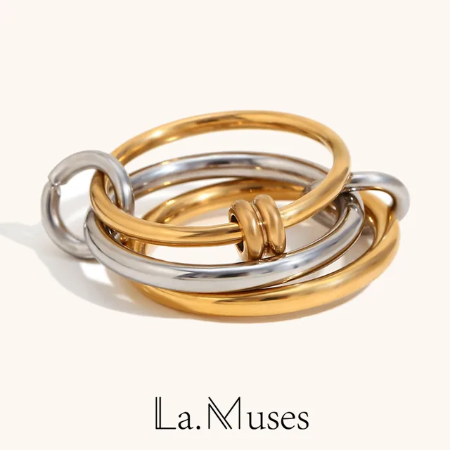 La. Muses Color Mix Dual Tone Multi-layer Circle Pierścionek damski ze stali nierdzewnej Modna moda Codzienna wszechstronna biżuteria