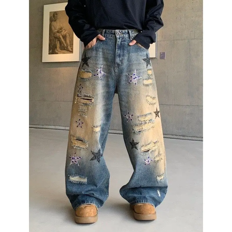 

Ретро-джинсы унисекс с американской звездой и стразами, с эффектом потертости, свободного прямого кроя, в стиле хип-хоп, повседневные, удобные, из денима