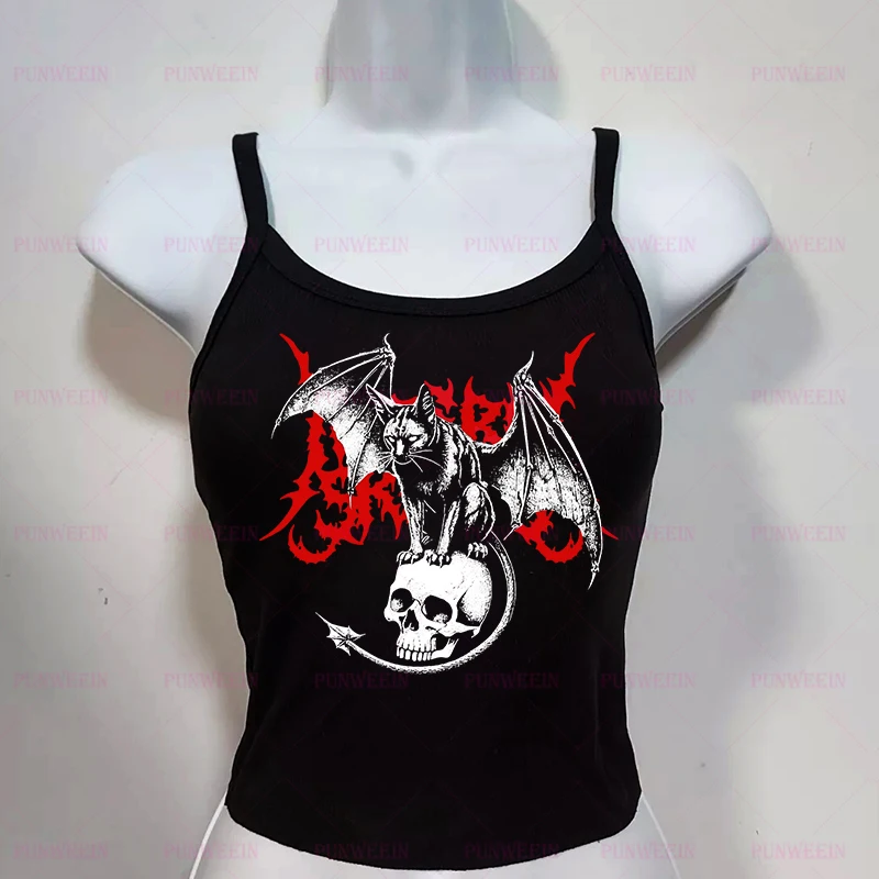 Demon Cat And Skull Print Heavy Metal Y2k Vintage  Top Harajuku Dark Vest Chic Hip Hop Emo Punk Gothic Crop Top Y2k 90s Tank Top