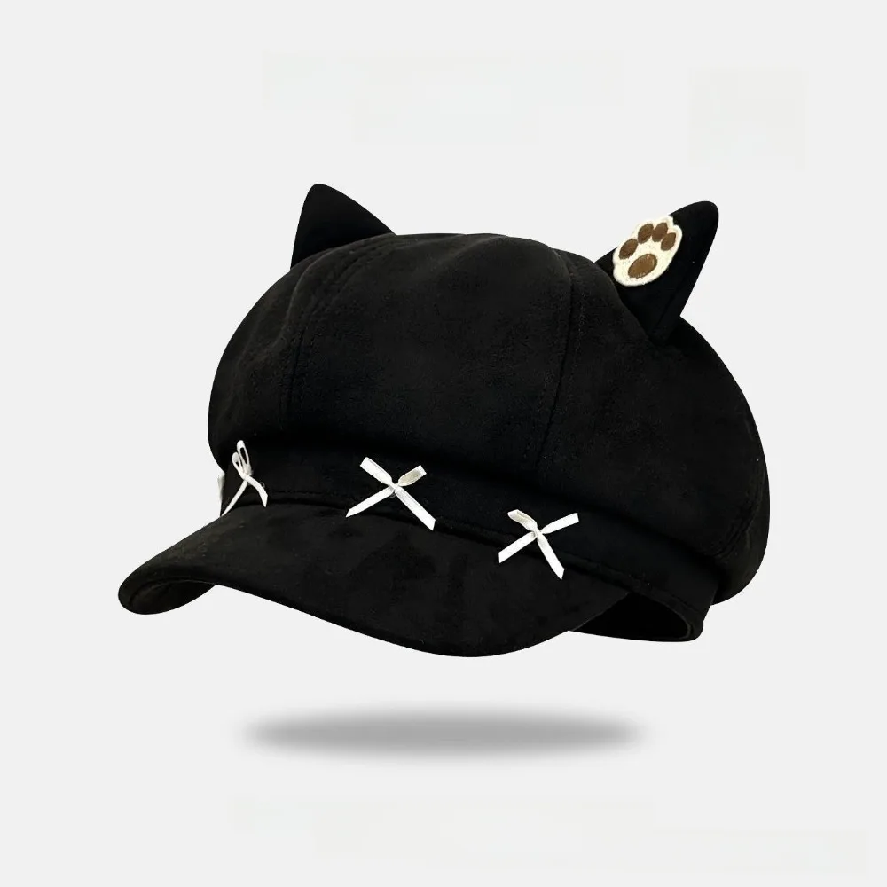 

New Sweet Bow Design Cat Ears Bow Cap Cute Cat Ear Warm Hat Newsboy Cap Versatile Style Animal Ears Cap for Spring Season