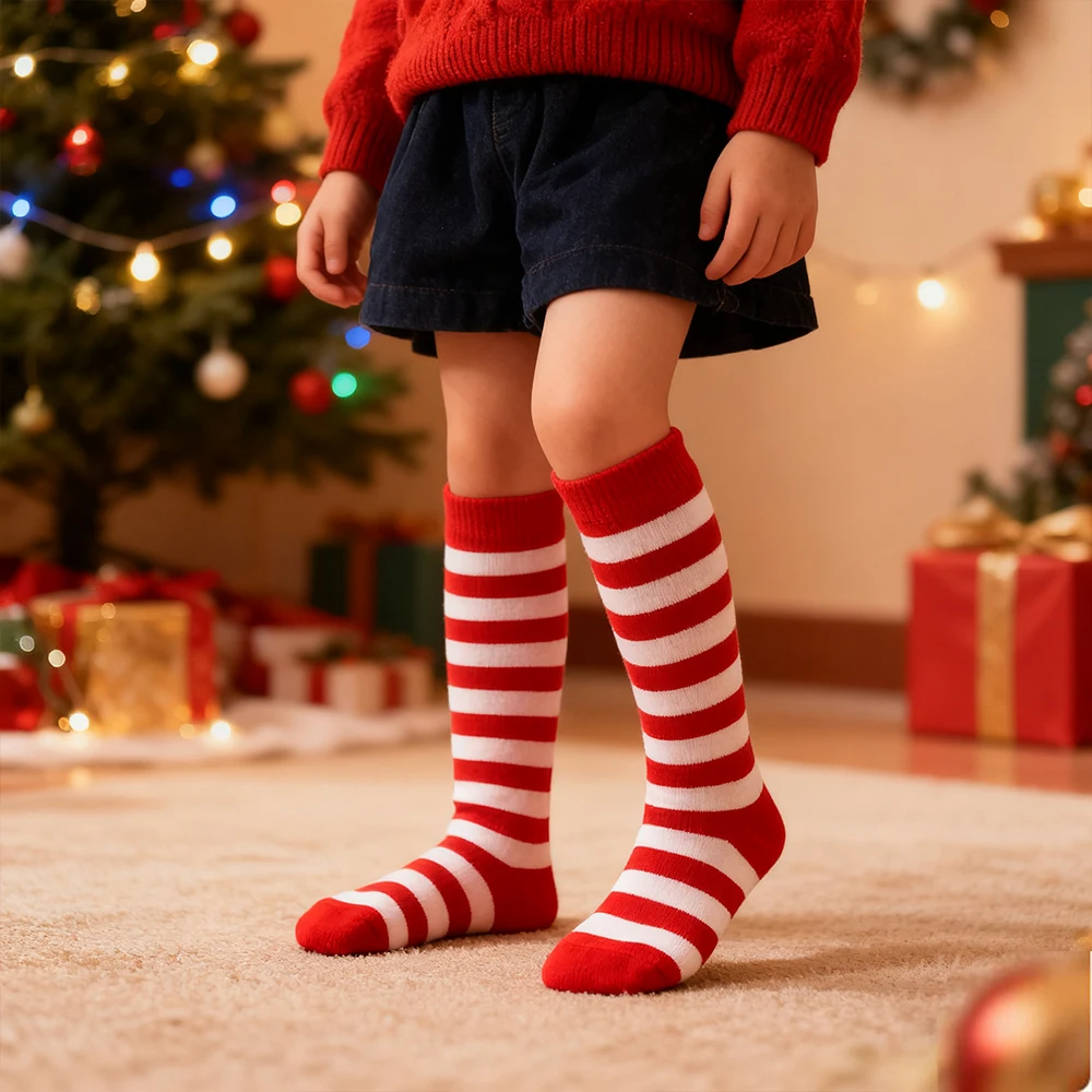 

Children Christmas Socks Red Striped Cosplay Socks Girls Autumn Winter Knee Socks Knitted Xmas Long Socks New Year Clothes