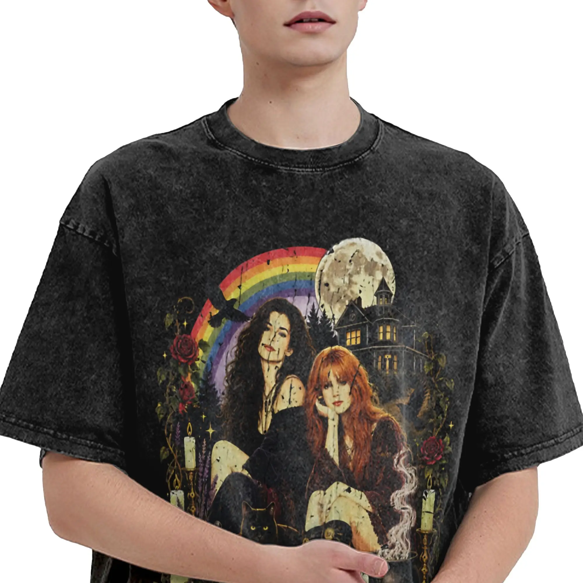 Harajuku Washed Shirts Practical Magic Witchcraft Gothic Halloween Witches Pentagram Accessories Vintage T-Shirts Streetwear