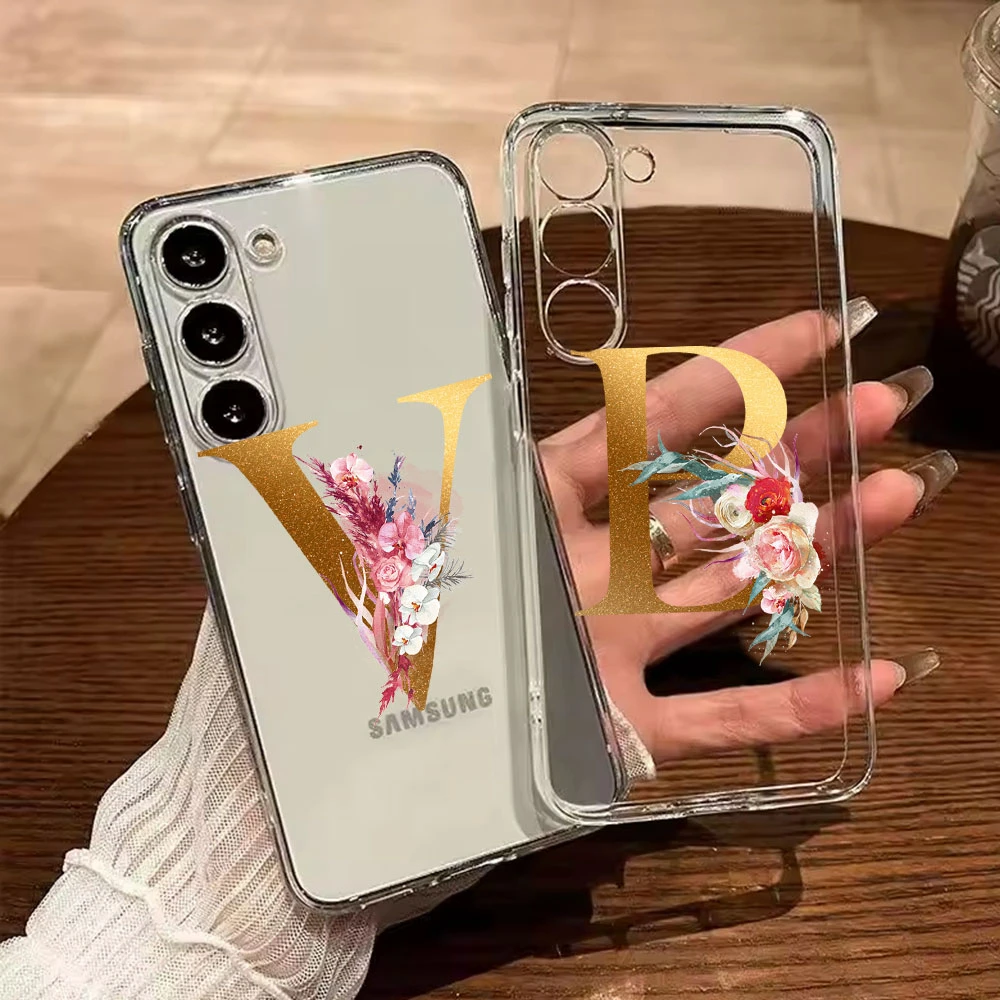 

Transparent Phone Case Flowers Golden Rose Letters For Samsung Galaxy A55 A15 A25 A35 A07 A17 A06 A37 A57 Silicone Clear Cover