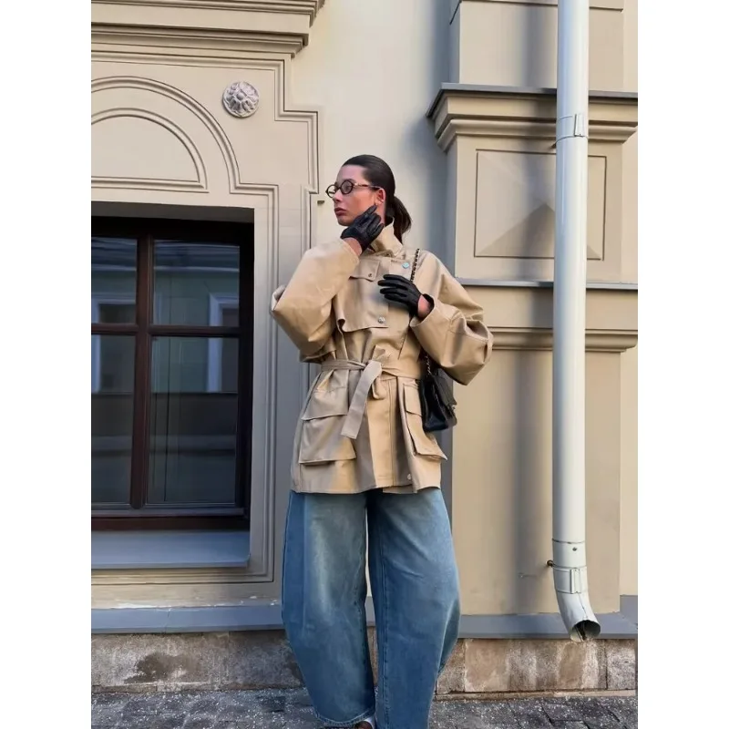 

Женская короткая ветровка цвета хаки с поясом, элегантное однобортное пальто с длинными рукавами и карманами с лацканами, осенняя женская повседневная уличная куртка