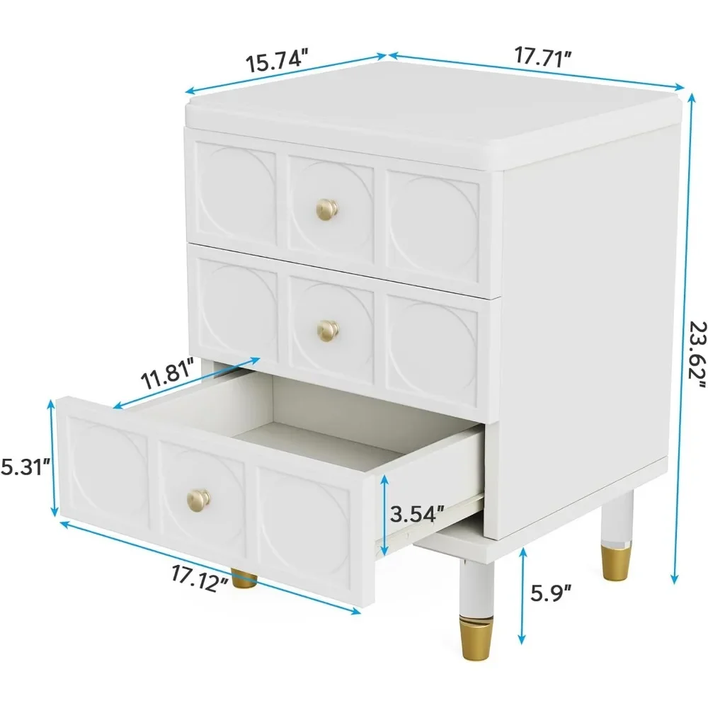 Nightstand with 3 Drawers, White and Gold Nightstands Bedside Table, Nightstand Dresser, End Tables with Storage for Living Room