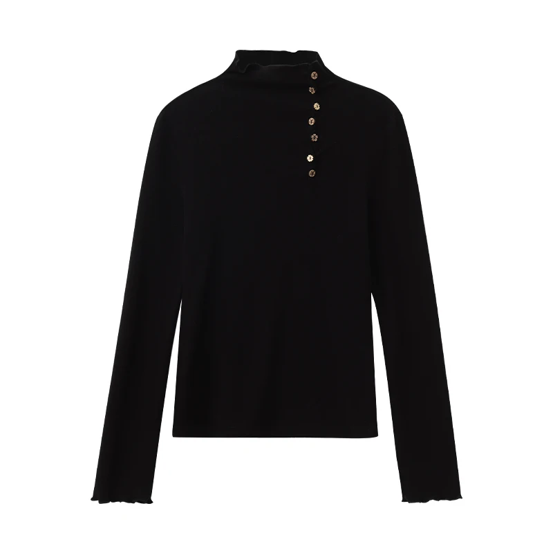 ALXNAN T-shirt a maniche lunghe da donna 2025 Nuovo autunno Fodera interna Dolcevita Decorazione bottoni Slim Pullover versatile L57528-1