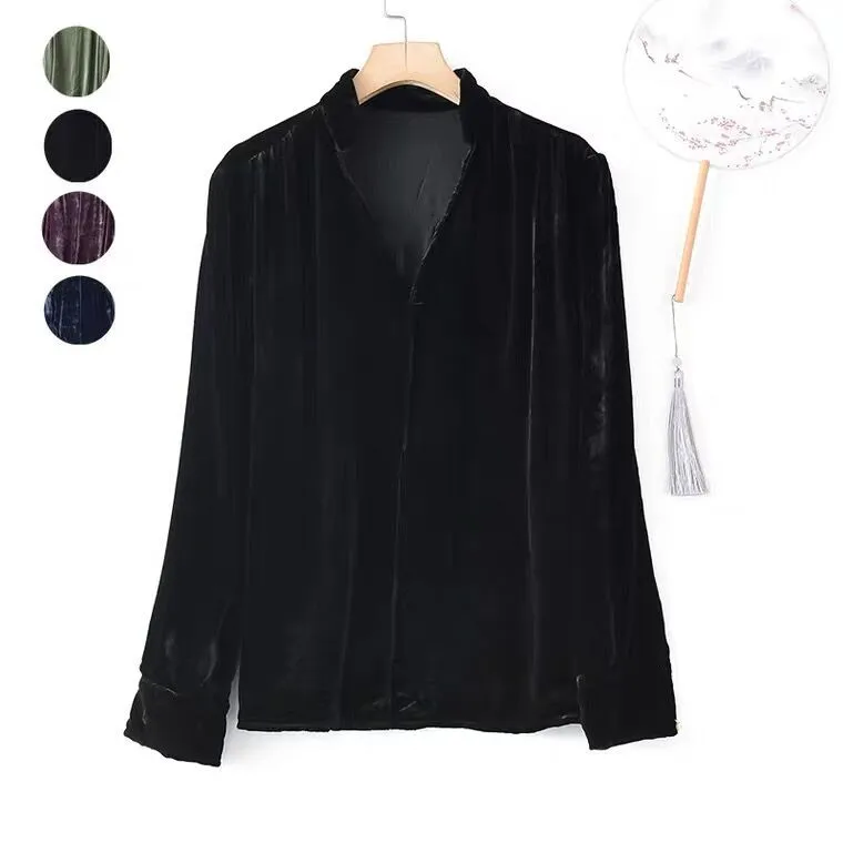 2024 Autunm Women velour Blouses Long Sleeve stand Collar velvet Blouse Shirt Casual Tops Elegant Work Shirt black blue wine red