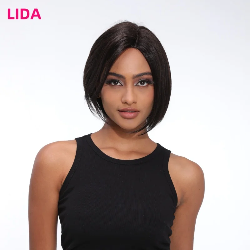 

Lida Short Women Wig Straight Human Hair Bob Wig Top Lace 4*2 Lace Hair Line Side Part Black Human Hair Wig For Daily