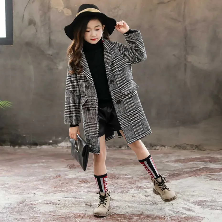 Girls Coat Fashion Plaid Wool Coat For Girls Double-breasted Kids Outerwear Autumn Thick Winter Clothes For Girls 6 8 10 12 14