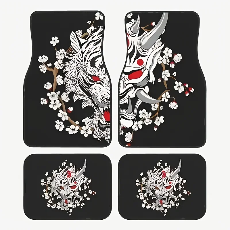 

4-Pack Tiger Stripe & Floral Car Mats - Polyester, Easy Clean, All-Weather, Universal Fit for All Vehicles
