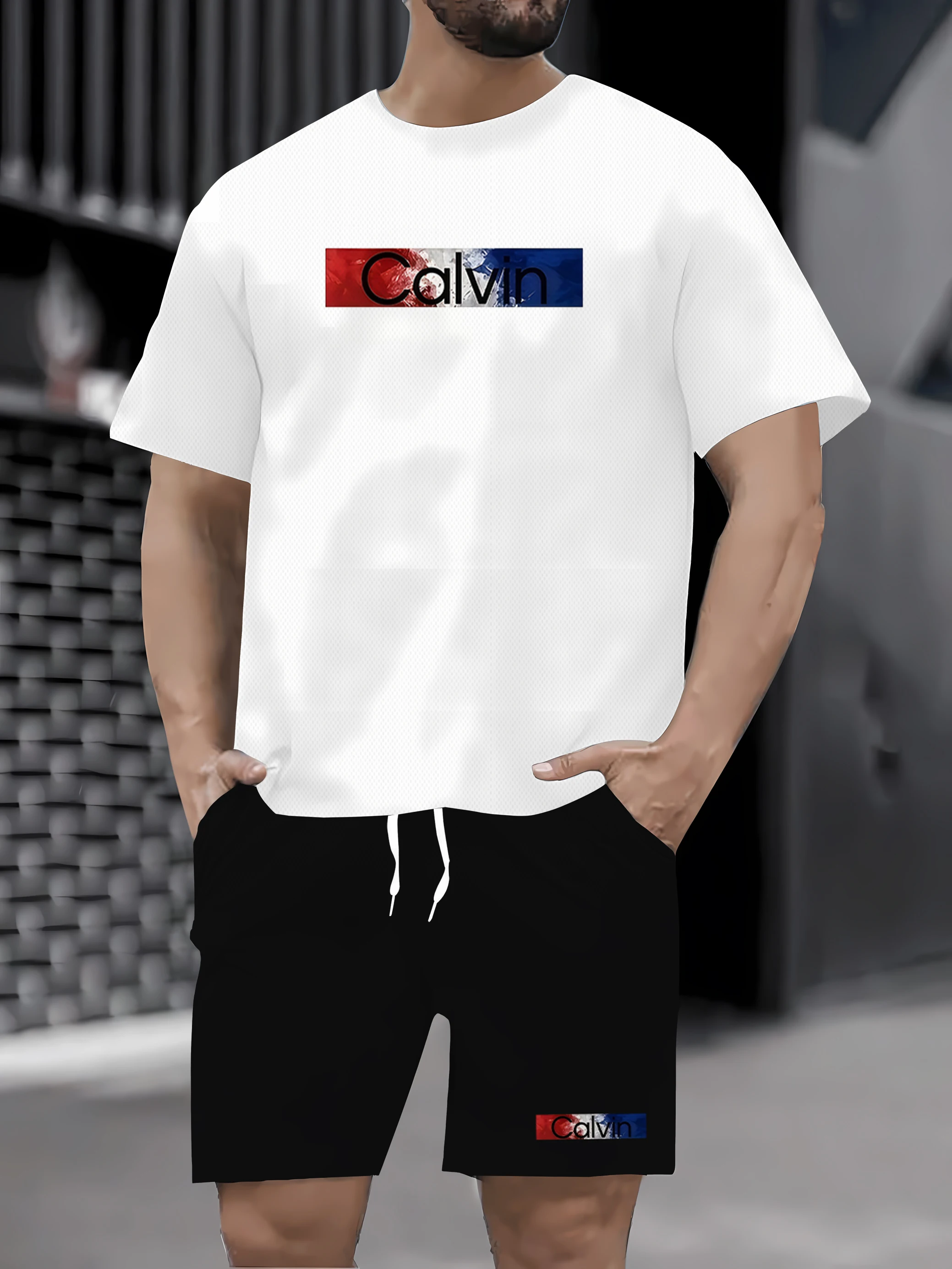 

Moda masculina verão personalizado confortável respirável em torno do pescoço camiseta шорты conjunto ao ar livre casual conjun