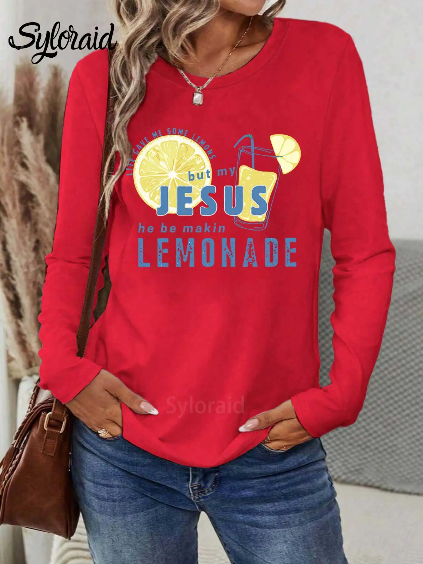 تي شيرت نسائي بأكمام طويلة ولكن يسوع هو يجعل عصير الليمون تي شيرت يسوع عصير الليمون قميص موضة رقبة مستديرة رداء علوي غير رسمي #3
