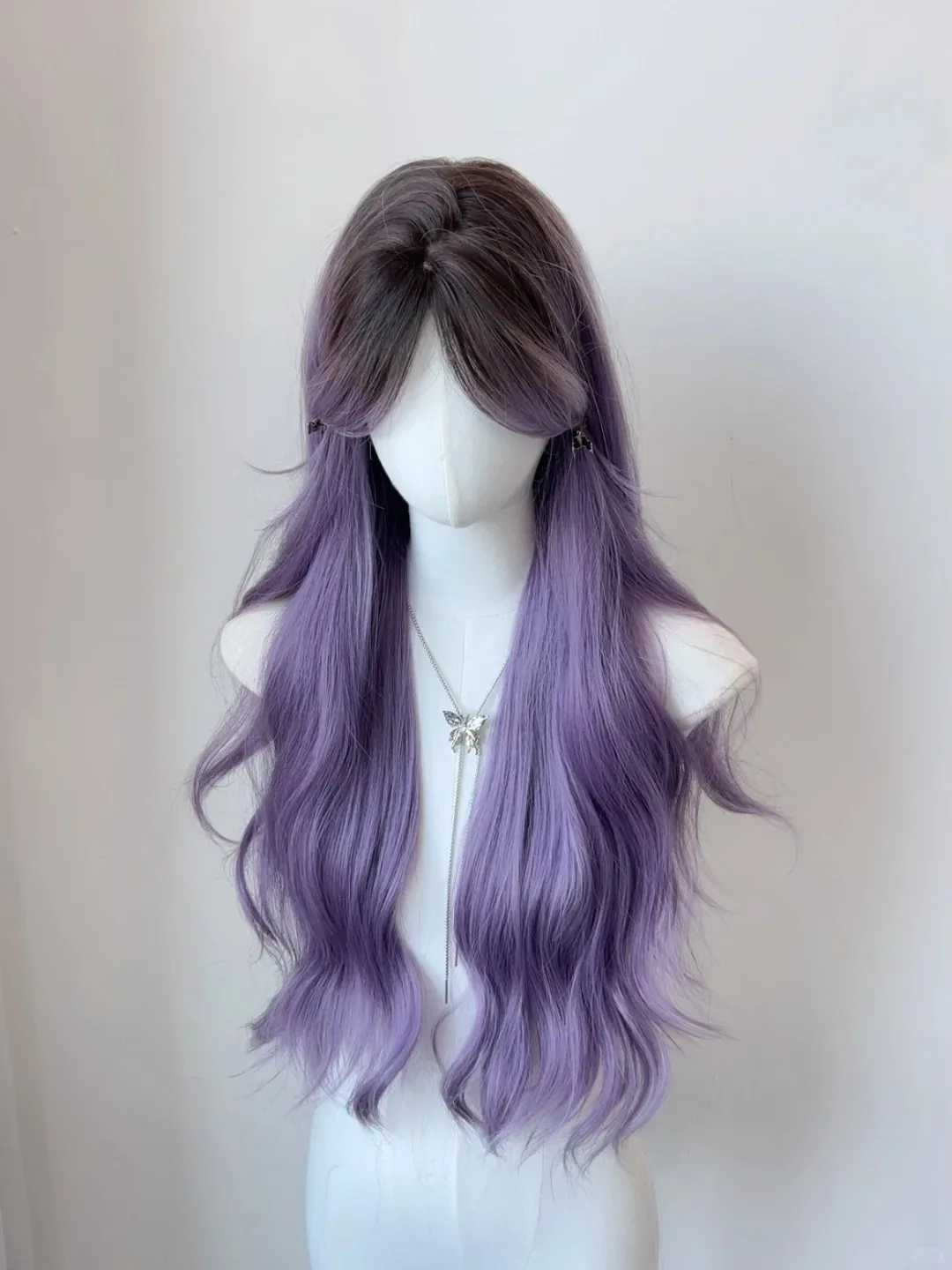 [Wisteria flower] wig woman summer new gray purple medium gradual change long curly hair universal cos whole headgear