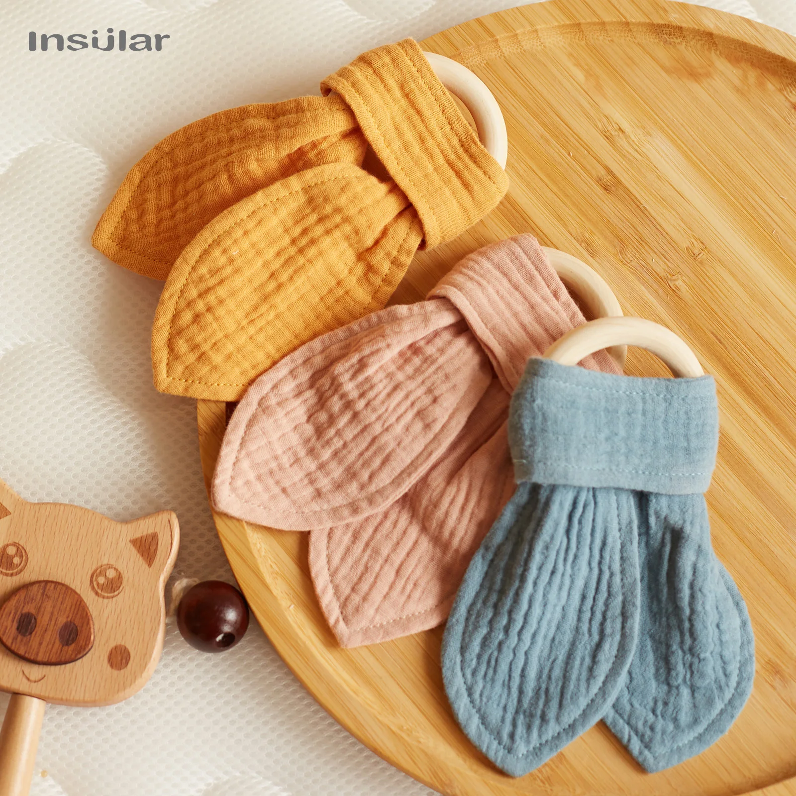 Insular Bunny Ear Teether Wooden Baby Teething Ring Toy Soothing Saliva Towel Nurse Gift For Baby Teether Newborn Accessories