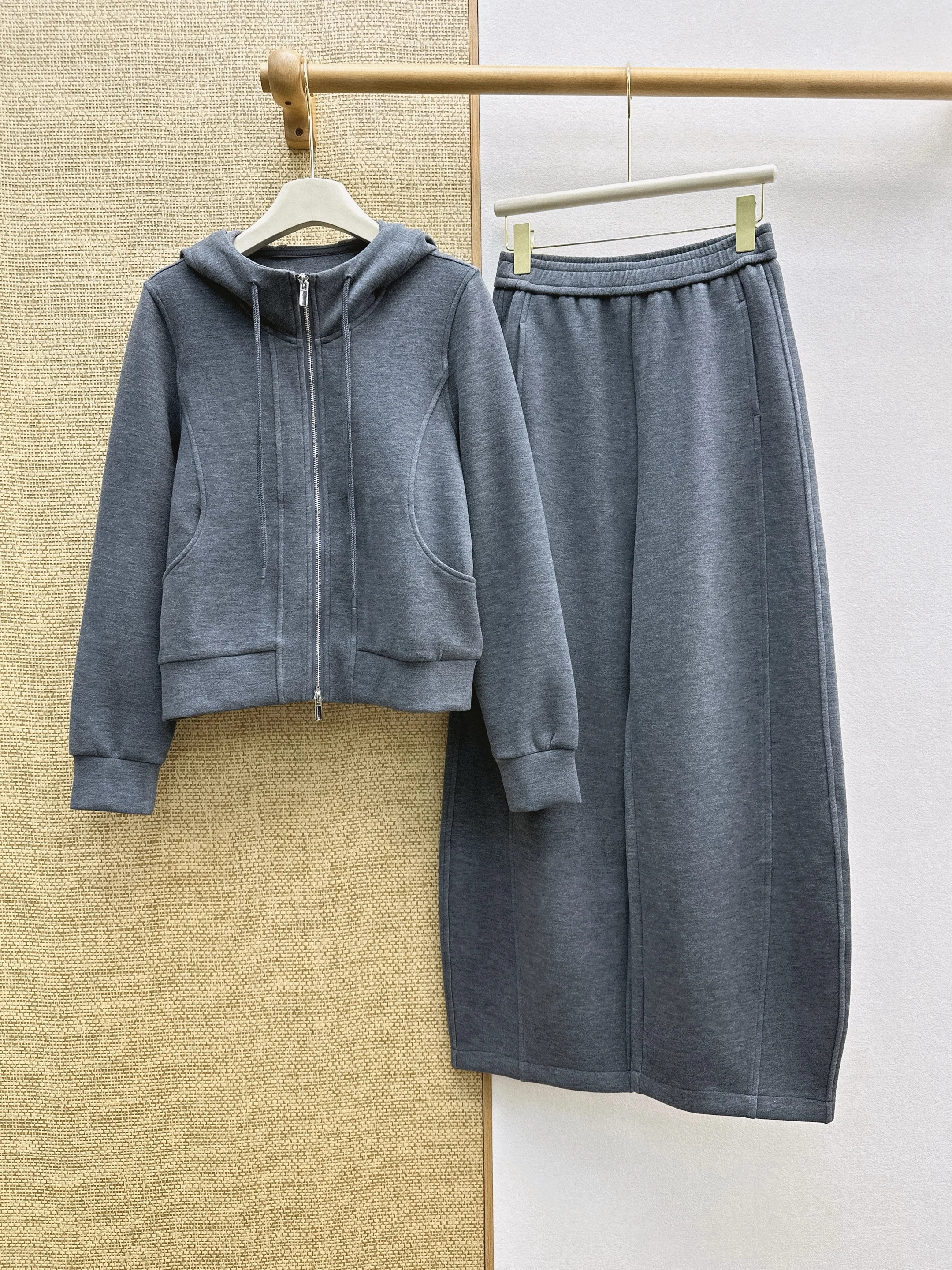 New Autumn Winter Hooded Zip Sweatshirt & Elastic Waist Straight Pants Set, Elegant Lazy Style