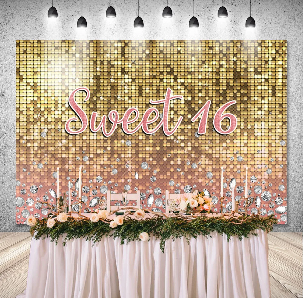 DIXSG Sweet 16th Birthday Banner Background Pink Silvery Sequins Diamonds Photography Backdrop Gold Glitters Photo Studio Props