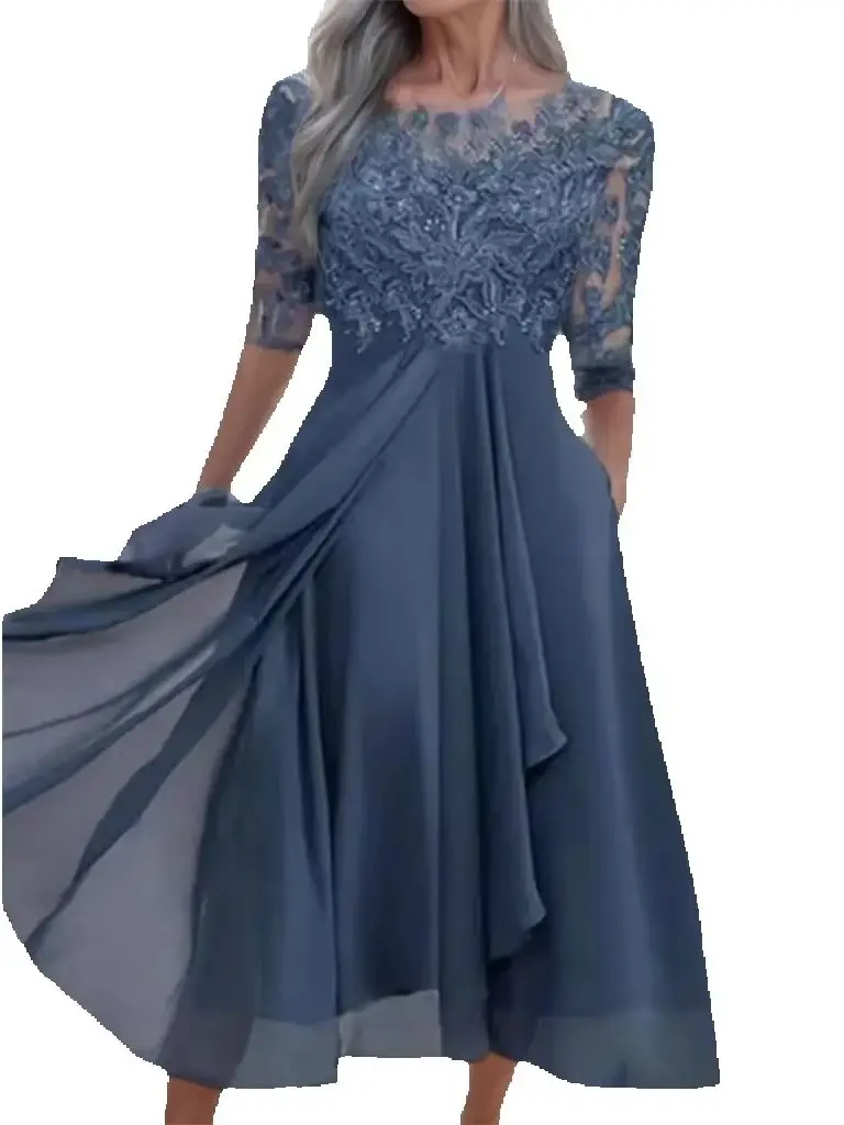 

Elegant Lace Chiffon Ruffles Mother of Bride Dress With Half Sleeves