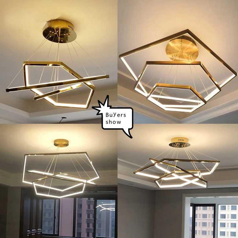 Imagem -06 - Lustre Led Minimalista Geométrico Hexagonal Linha Dourado Pós-moderno Luxo Luz de Suspensão para Sala de Estar Anel Novo