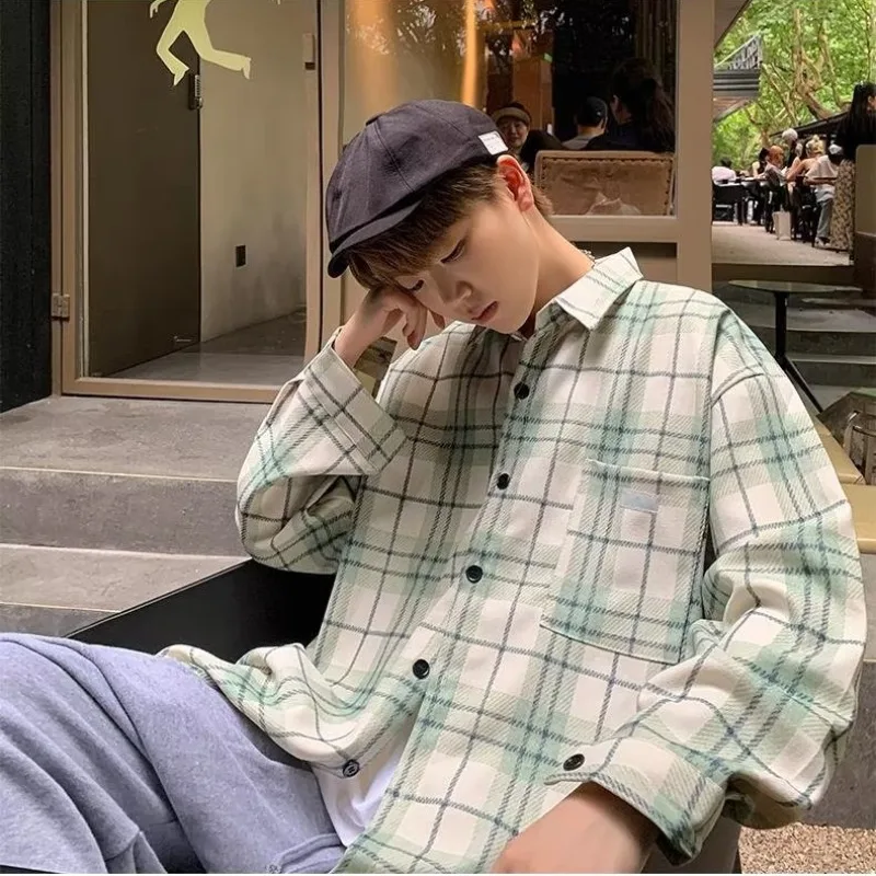 

Large Size 300 Pou Plaid Long Sve Men's Casual irt Autumn Season High Waist Loose Fit Polyester Fabric Youth Trend