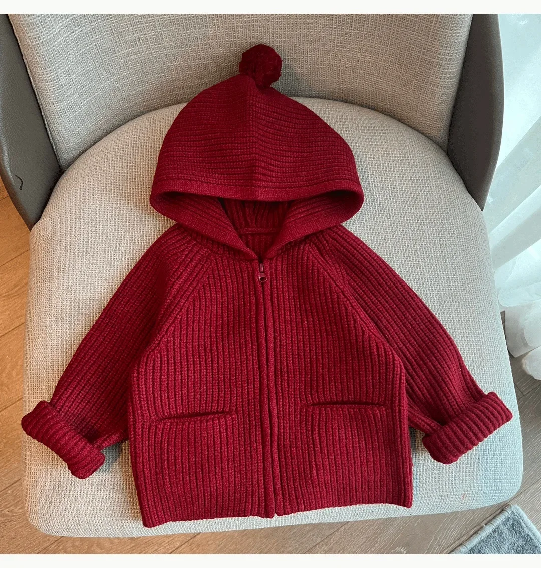 

Hooded Cardigan Zipper Large Pockets Kids Knit Sweater Autumn Outerwear Solid Color Boy Girl Jacket