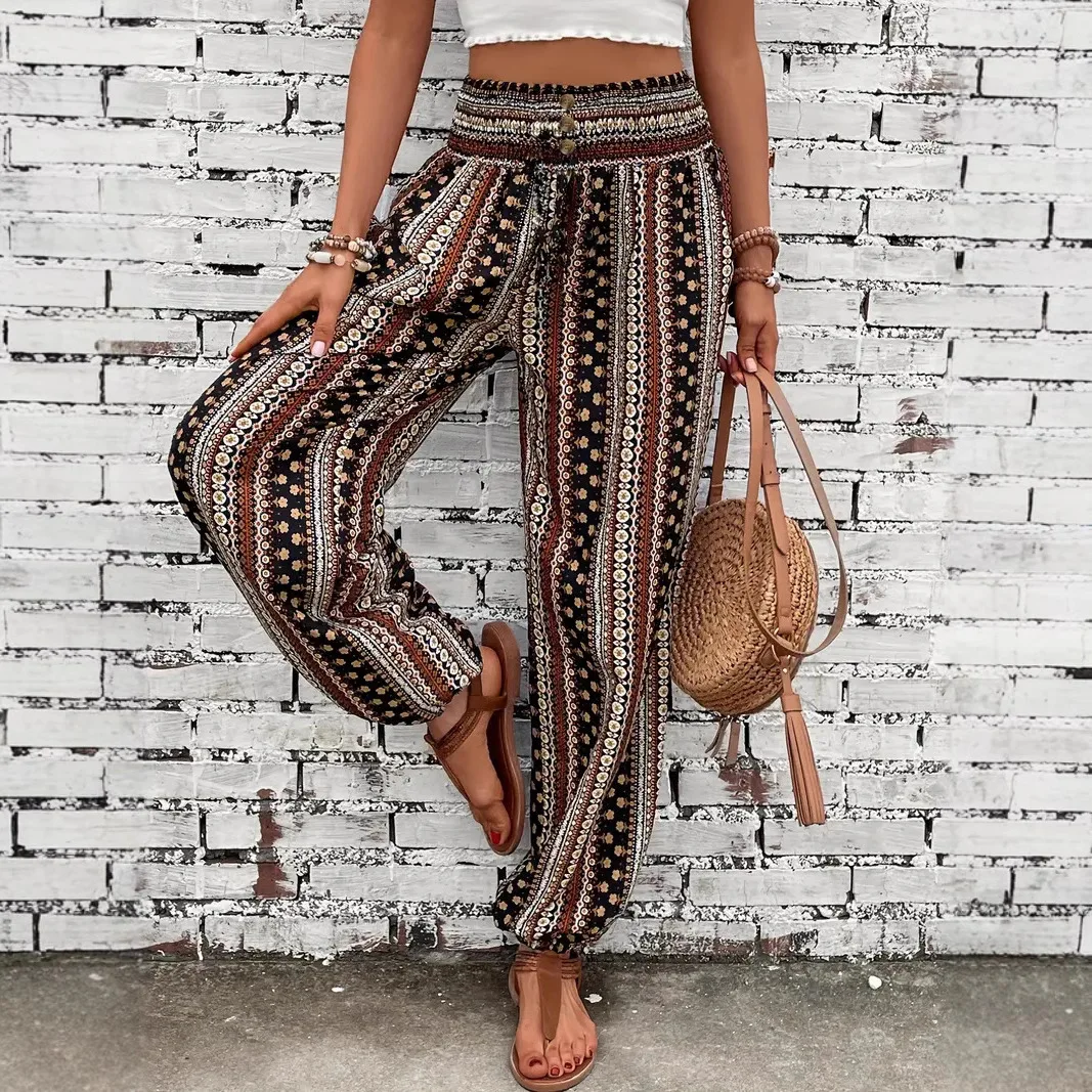 Women's Printed Elastic Waist Harem Pants Comfortable Casual Commute Versatile Trendy Long Pants For Outfits Elegant Loose Fit