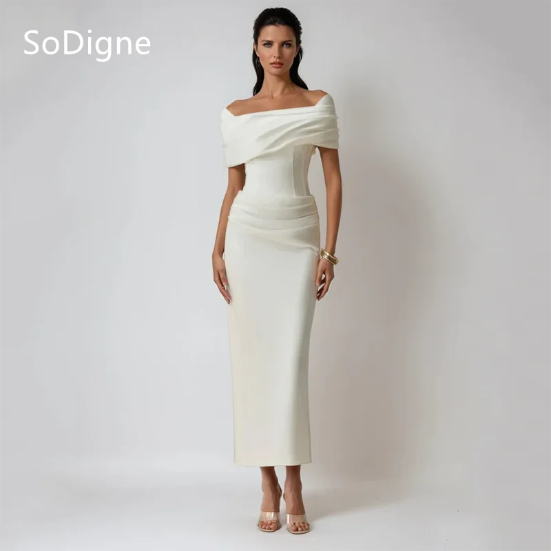 

SoDigne Elegant Satin Evening Dresses Off The Shoulder Sleeveless Party Dress Prom Sheath Mermaid Gowns Customized