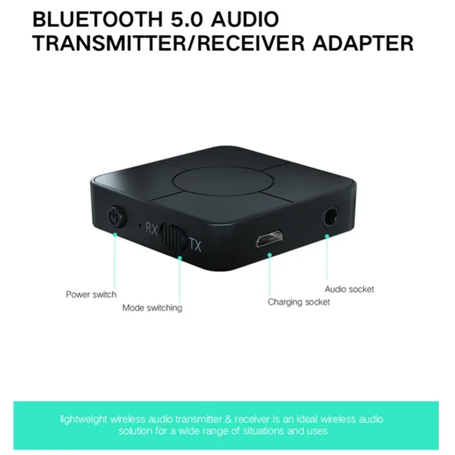 KN326 Bluetooth 5.0 Audio Transmissor Receptor, 3.5mm AUX Jack, Adaptador de música sem fio RCA com microfone para carro, PC, TV, fones de ouvido