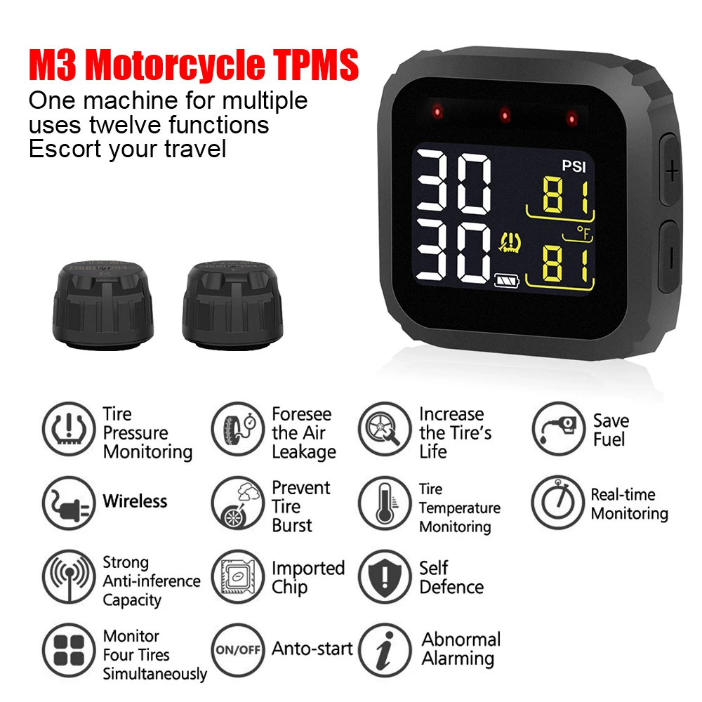 Digital Wireless LCD Display Waterproof Motorcycle Real Time TPMS External Sensors Tire Pressure Monitoring System M3 Moto