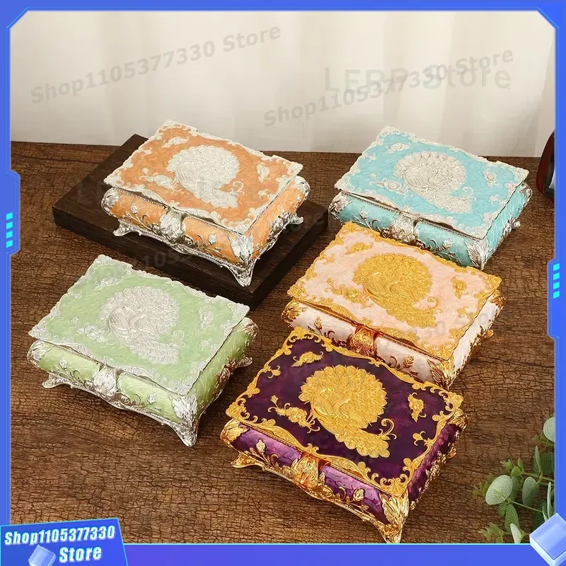 Creative Peacock Rectangle Zinc Alloy Jewelry Box Rose Design Necklace Storage Case Wedding Birthday Gift Made in China Rose