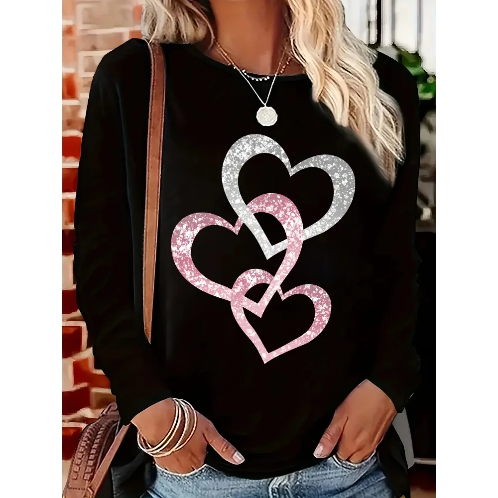 Women's Spring and Autumn Loose Casual Fashion Shining Love Printed Round Neck Long Sleeve T-shirt Top Oversized Y2K Streetwear