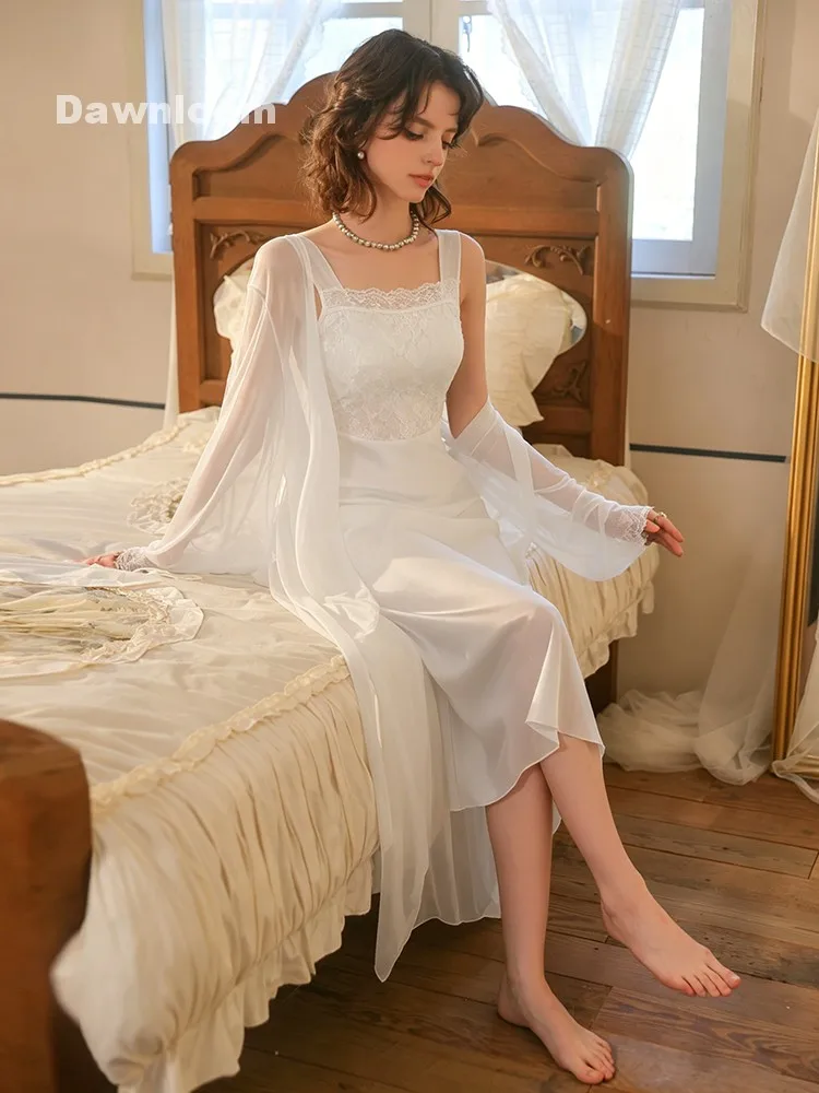 Women's White Lace Square Neck Satin Slip Dress with Sheer Tulle Robe Two-Piece Set Luxury Elegant Wedding Morning Gown