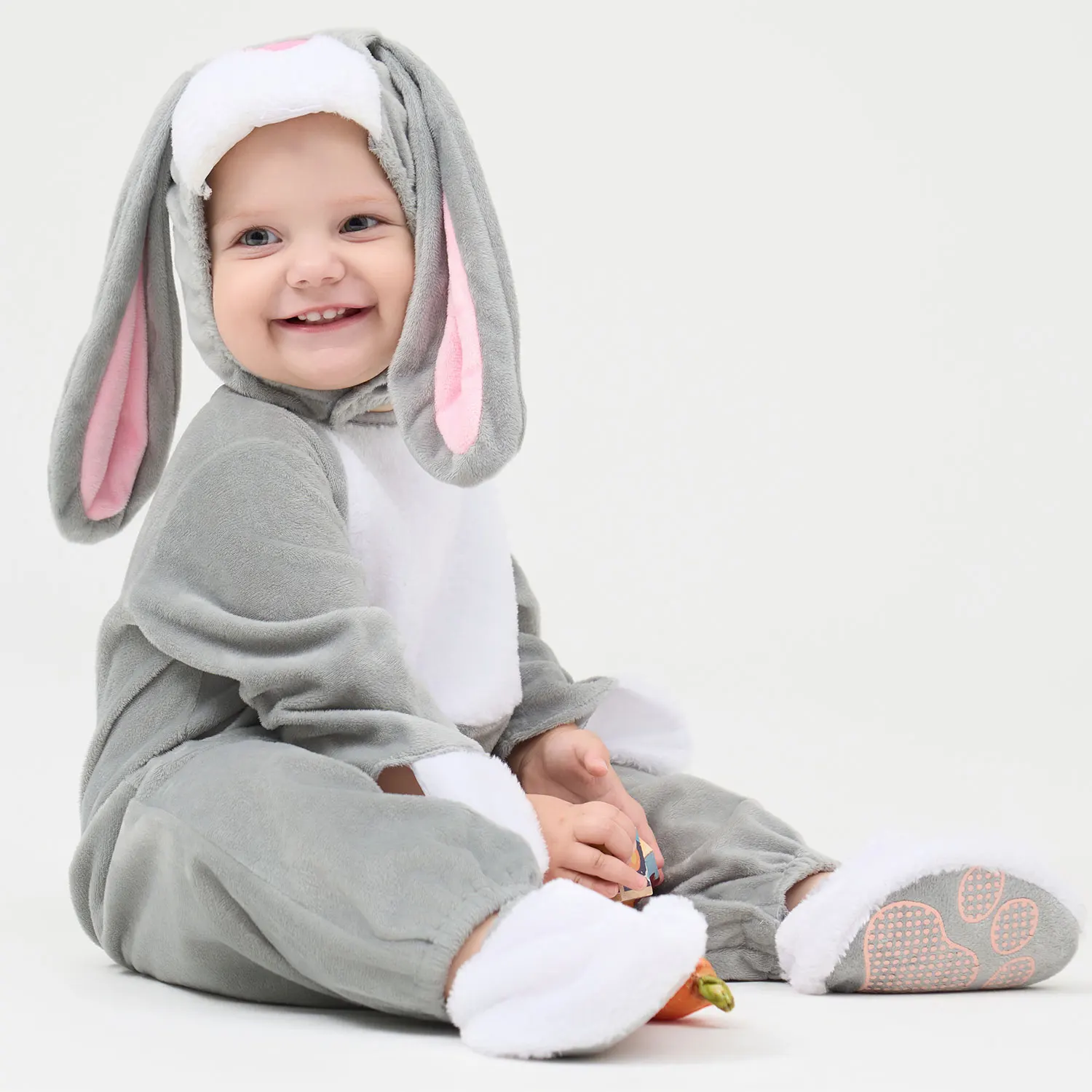 Umorden Infant Baby Boys Girls Easter Bunny Rabbit Romper Jumpsuit Costume Gray 6-12M 12-18M With Carrot