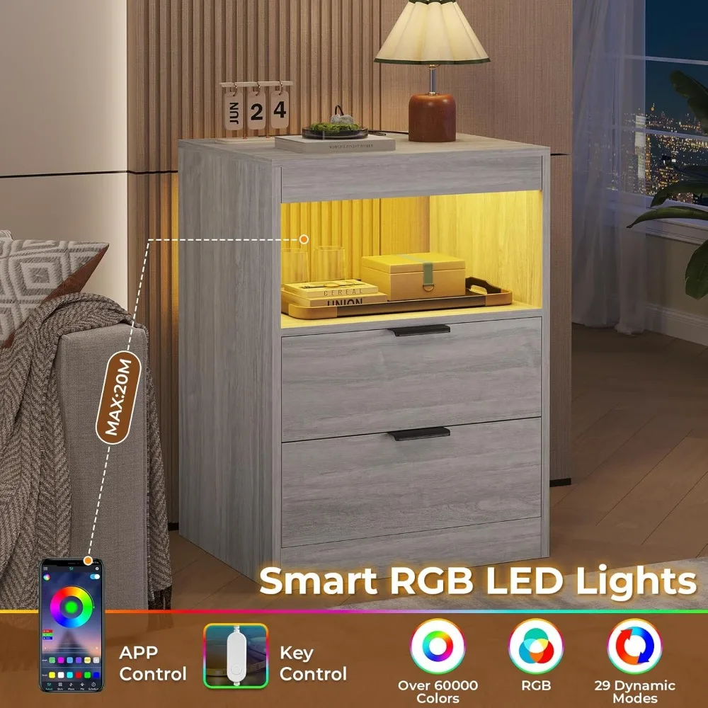 Mesa de cabeceira LED de carregamento sem fio - Mesa de cabeceira cinza com 2 gavetas e armazenamento aberto para decoração moderna de casa