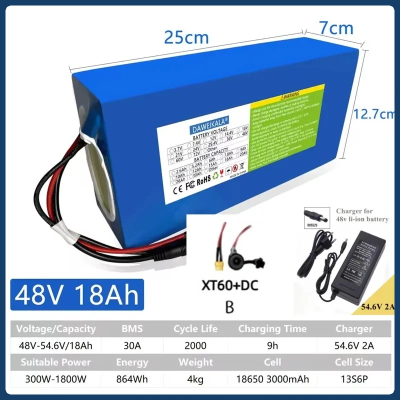 

Оригинальный литиевый аккумулятор 48 В 18 Ач 18650 13S6P 1000 Вт с двигателем BMS 500 Вт 750 Вт с BMS для электронных инструментов, двухколесные запасные элементы