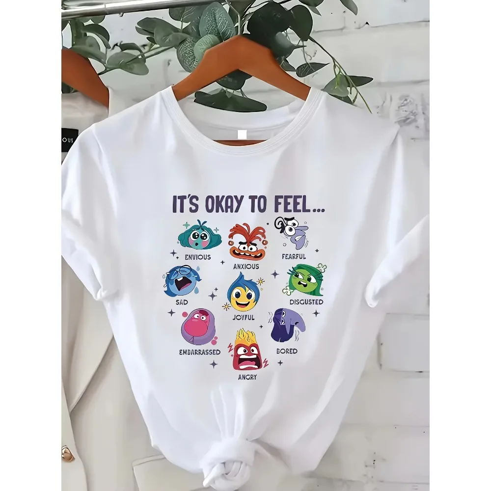 

MINISO Inside Out 2 Printed Short Sleeve T-Shirt with Emotions Graphic Casual Women's T-shirt Comfortable Breathable Soft Cotton