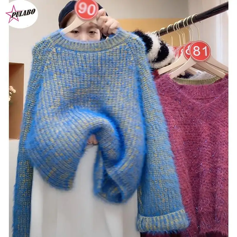 PULABO Mohair Sweater Women Solid Blue O-neck Pullover y2k Kpop Jumper Knitted Top Harajuku Split Loose Chic Sweaters